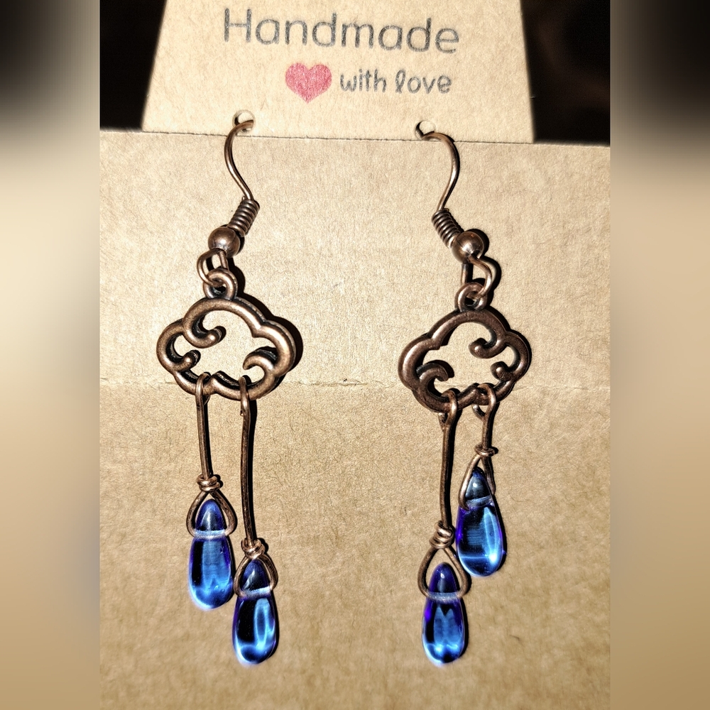 "Spring Rain" Copper Cloud Charm and Beaded Blue Rain Drop Dangle Earrings